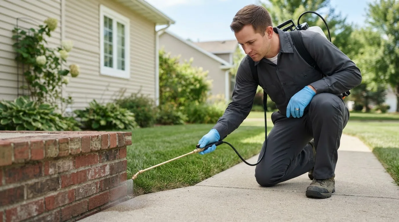 Pest control technician treating a home near Tererro, NM